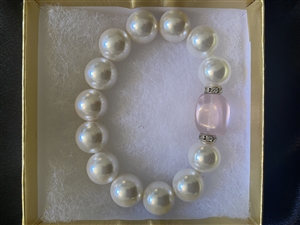 White Mother of Pearl Stretch Bracelet with Pink Crystal