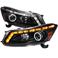 2008 - 2012 Honda Accord 4Dr Projector Switchback DRL LED Halo Headlights - Black