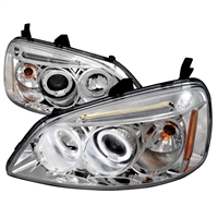 2001 - 2003 Honda Civic 2Dr / 4Dr Projector LED Halo Headlights - Chrome