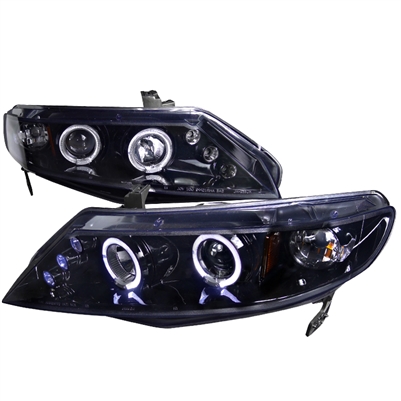 2006 - 2011 Honda Civic 4Dr Projector LED Halo Headlights - Black/Smoke