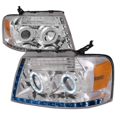 2004 - 2008 Ford F-150 Projector DRL LED Halo Headlights - Chrome