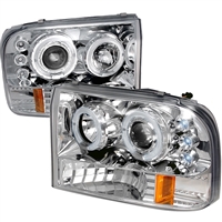 1999 - 2004 Ford Super Duty Projector LED Halo Headlights - Chrome