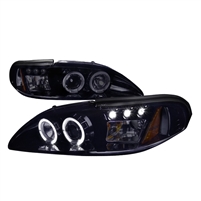 1994 - 1998 Ford Mustang Projector LED Halo Headlights - Black/Smoke