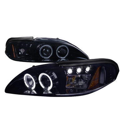 1994 - 1998 Ford Mustang Projector LED Halo Headlights - Black/Smoke
