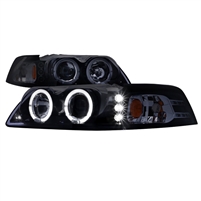 1999 - 2004 Ford Mustang Projector LED Halo Headlights - Black/Smoke