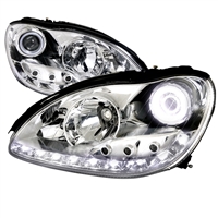 2000 - 2006 Mercedes S-Class Projector DRL LED Halo Headlights - Chrome