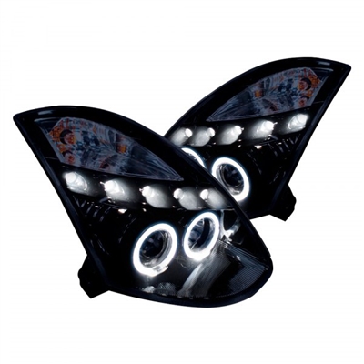 2003 - 2007 Infiniti G35 Coupe Projector DRL LED Halo Headlights - Black/Smoke