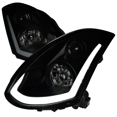 2003 - 2007 Infiniti G35 Coupe Projector Switchback Light Bar DRL Headlights - Black/Smoke