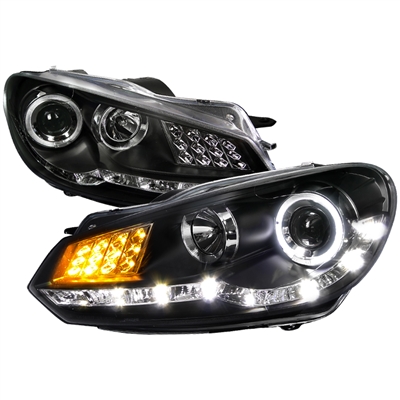 2010 - 2014 Volkswagen Golf / GTI Projector DRL LED Halo Headlights - Black