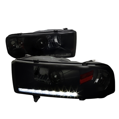1994 - 2002 Dodge Ram 3500 Projector DRL Headlights - Black/Smoke