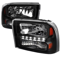 1999 - 2004 Ford F-350 1PC Euro Style DRL Headlights - Black