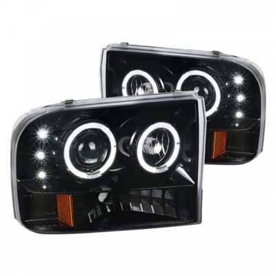 1999 - 2004 Ford F-350 Projector LED Halo Headlights - Gloss Black