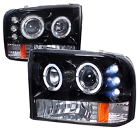 1999 - 2004 Ford F-350 Projector LED Halo Headlights - Black/Smoke