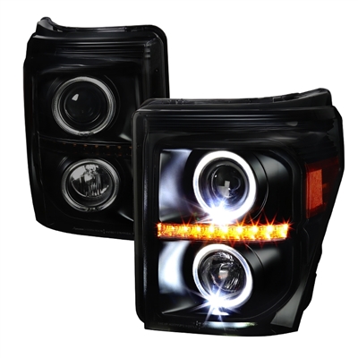 2011 - 2016 Ford F-350 Projector LED Halo Headlights - Black/Smoke