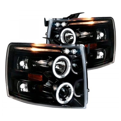 2007 - 2014 Chevy Silverado 3500HD Projector LED Halo Headlights - Gloss Black