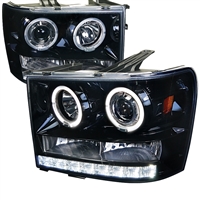 2007 - 2014 GMC Sierra 3500HD Projector DRL LED Halo Headlights - Black/Smoke