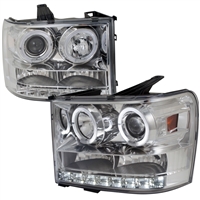 2007 - 2014 GMC Sierra 3500HD Projector DRL LED Halo Headlights - Chrome