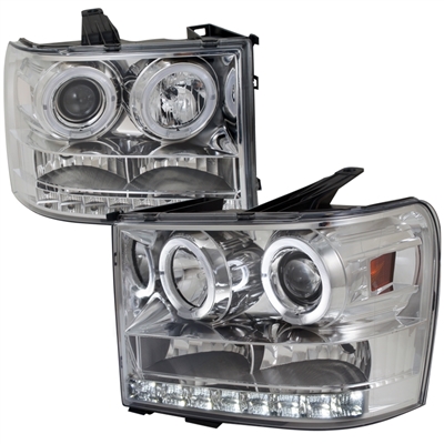 2007 - 2014 GMC Sierra 3500HD Projector DRL LED Halo Headlights - Chrome