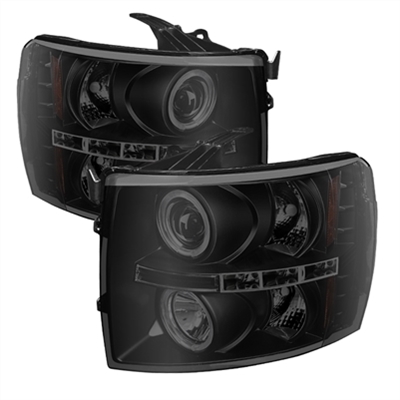 2007 - 2014 Chevy Silverado HD Projector LED Halo Headlights - Black/Smoke