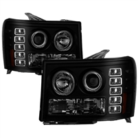 2007 - 2014 GMC Sierra HD Projector LED Halo Headlights - Black/Smoke