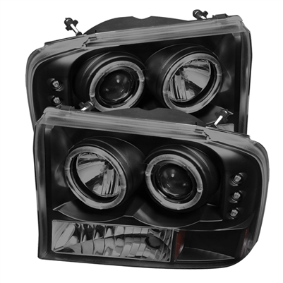 1999 - 2004 Ford F-450 1PC Projector LED Halo Headlights - Black/Smoke