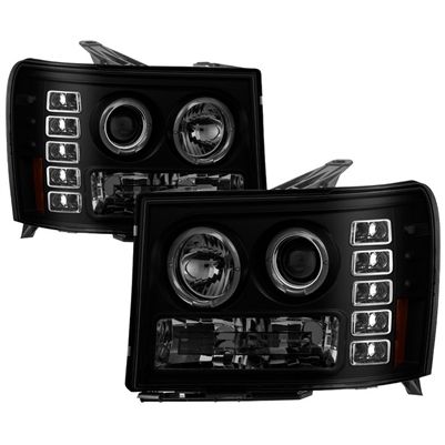 2007 - 2014 GMC Sierra 3500HD Projector LED Halo Headlights - Black/Smoke