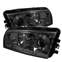 2006 - 2010 Dodge Charger Projector LED Halo Headlights - Smoke