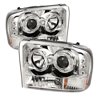 1999 - 2004 Ford Super Duty 1PC Projector LED Halo Headlights - Chrome