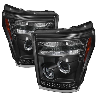 2011 - 2016 Ford Super Duty Projector DRL LED Halo Headlights - Black
