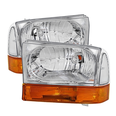 1999 - 2004 Ford F-350 Crystal Headlights + Amber Bumper Lights - Chrome