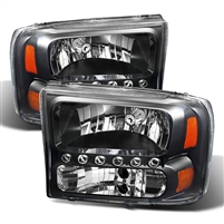 1999 - 2004 Ford F-350 1PC Crystal DRL Headlights - Black
