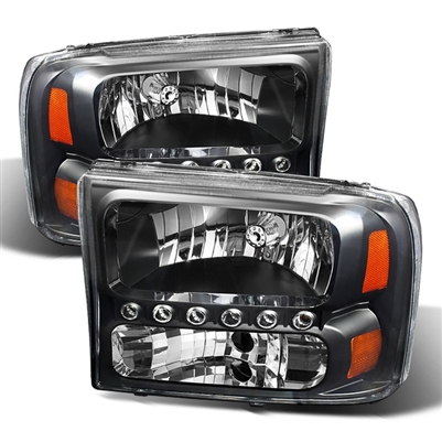 1999 - 2004 Ford F-450 1PC Crystal DRL Headlights - Black
