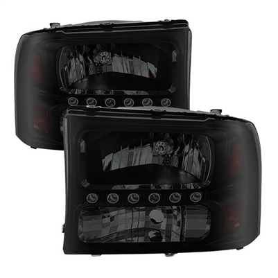 1999 - 2004 Ford F-450 1PC Crystal DRL Headlights - Black/Smoke
