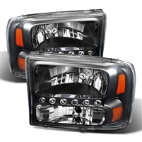2000 - 2004 Ford Excursion 1PC Crystal DRL Headlights - Black