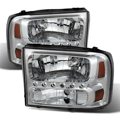 2000 - 2004 Ford Excursion 1PC Crystal DRL Headlights - Chrome