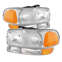 2000 - 2006 GMC Yukon Euro Style Headlights + Amber Bumper Lights - Chrome