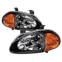 1993 - 1997 Honda Del Sol 1PC Amber Crystal Headlights - Black