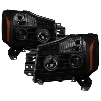 2004 - 2014 Nissan Titan Projector LED Halo Headlights - Black/Smoke