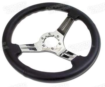 1-X2502 68-82 Steering Wheel. Black Leather/Chrome 3 Spoke