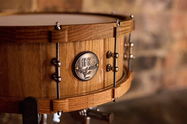 Red oak stave snare with matching hoops