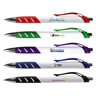 White Allure Grip Pen with Digital Full Color Imprint | Custom Promotional Pens