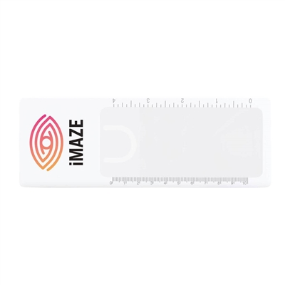 White custom page marker with a large magnifier window, ruler markings, and a printed logo on the left side.