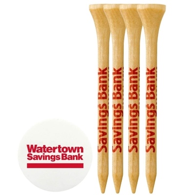4 Wood Golf Tees with 1 Ball Marker | Durable & Customizable | One-Color Imprint Included