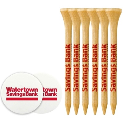 Pack of 6 Custom Wood Golf Tees with 2 Ball Markers | Personalized Golf Tees for Events