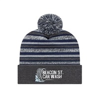 Striped Knit Cap with Cuff | Custom Forest Green Beanie with Tri-Color Pom