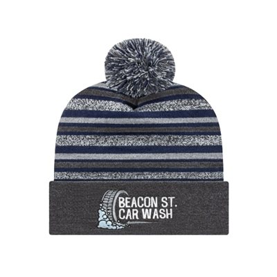 Striped Knit Cap with Cuff | Custom Forest Green Beanie with Tri-Color Pom