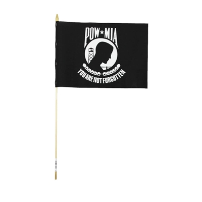 POW/MIA Cotton Stick Flag 4" x 6" | No-Sew, Natural Wood Staff & Gold Spear Tip