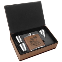 Stainless Steel Leatherette Flask Gift Set | Dark Brown | Custom Engraving Available