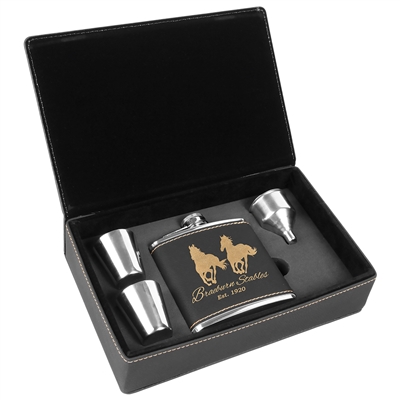 Black/Gold Leatherette Flask Gift Set | Personalized Stainless Steel 6oz Flask
