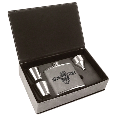 Stainless Steel Gray Leatherette Flask Gift Set | Custom Laser Engraving Available